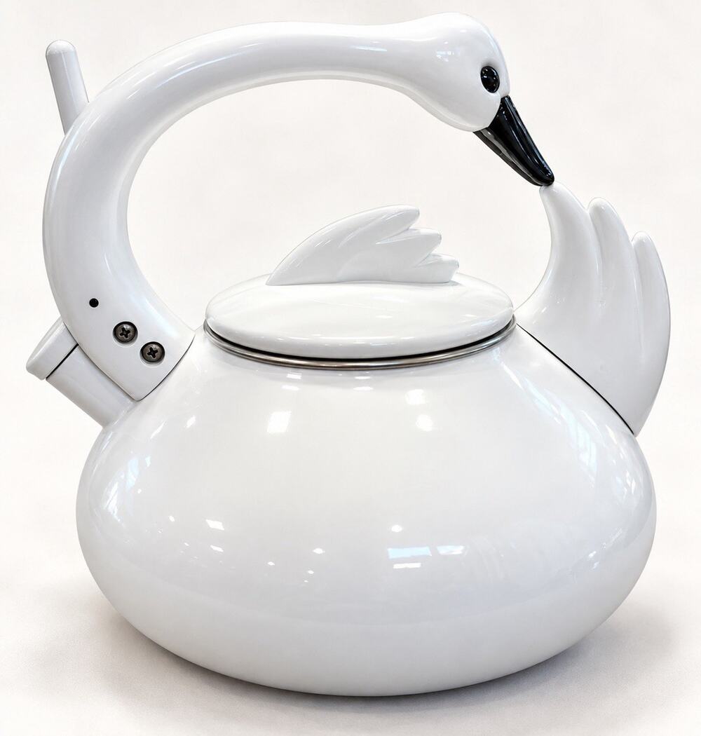 Vintage M Kamenstein Swan Whistling Tea Kettle White Enamel 7.5”